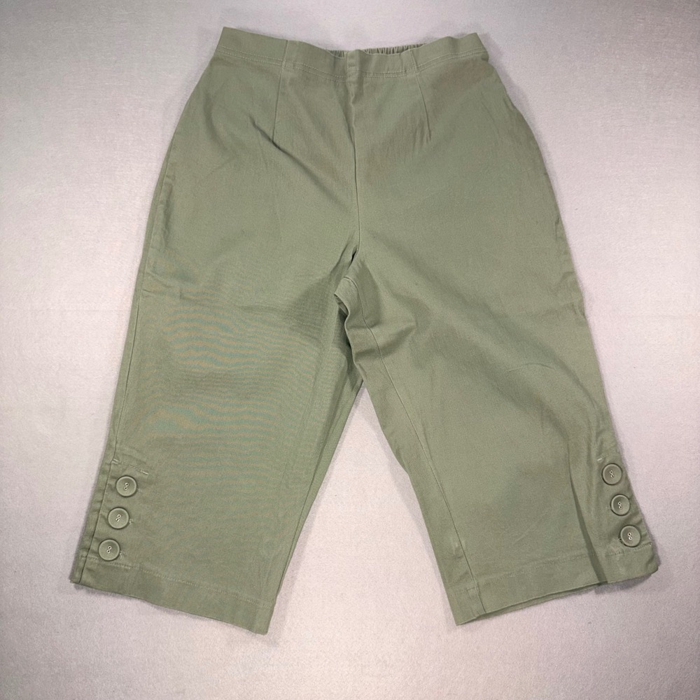 Womens Sage Green Cropped Capri Pants Elastic Back Button Hem Detail